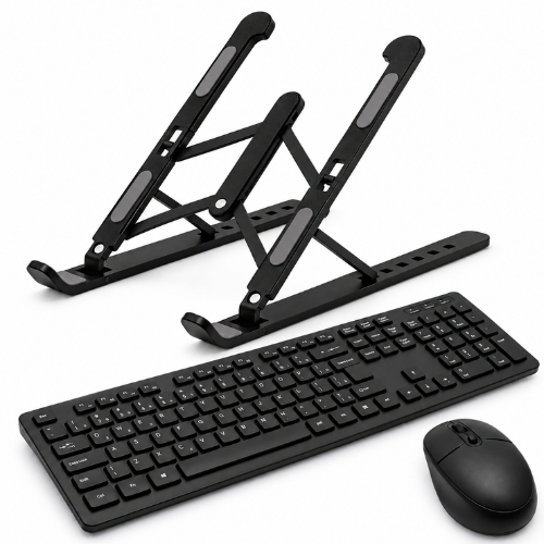 Kit Teclado e Mouse Sem Fio 2.4GHz com Suporte Ajustável Dobrável para Notebook até 17 Pol 1600 DPI