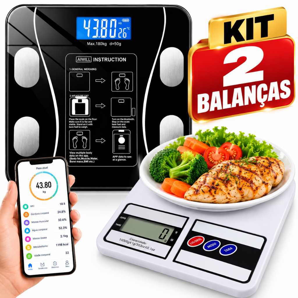 Kit 2 Balanças Digitais Balança de Cozinha Alta Precisão + Balança Bioimpedância Inteligente