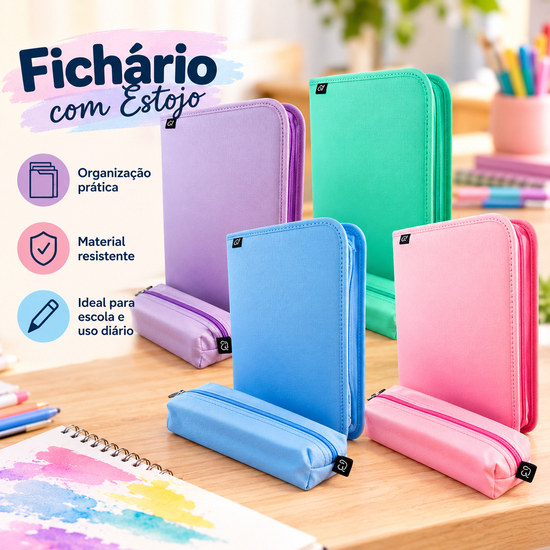 Fichário Universitário Argolado Com Bloco 6 Divisórias e Estojo