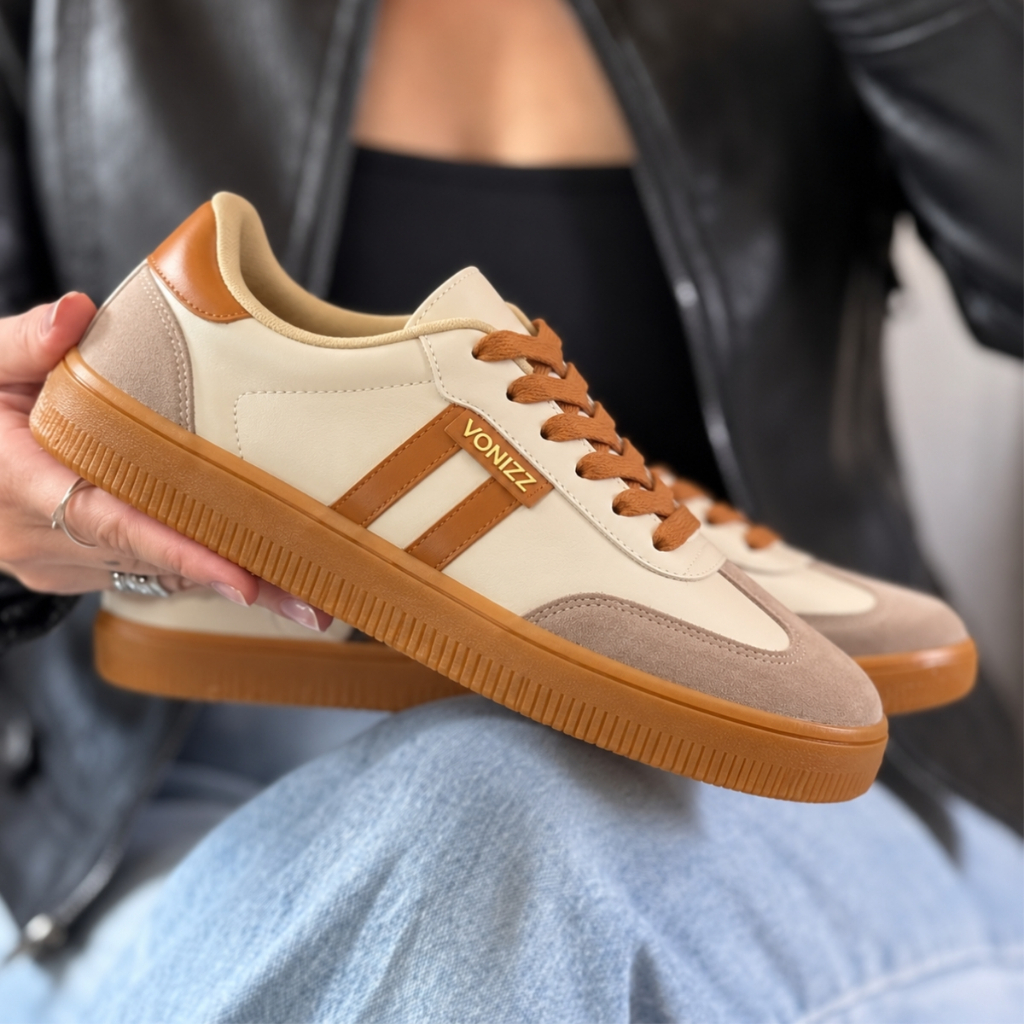Tênis Feminino Macio Casual Sapato Baixo bege Tendência Modinha Bonito Estiloso Retrô Listra Clássico Couro