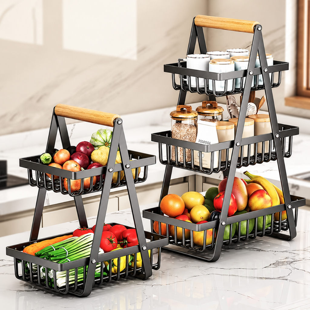 Fruteira Aramada de Mesa 2 ou 3 Andares Organizador Cozinha Frutas Legumes Pães Multiuso