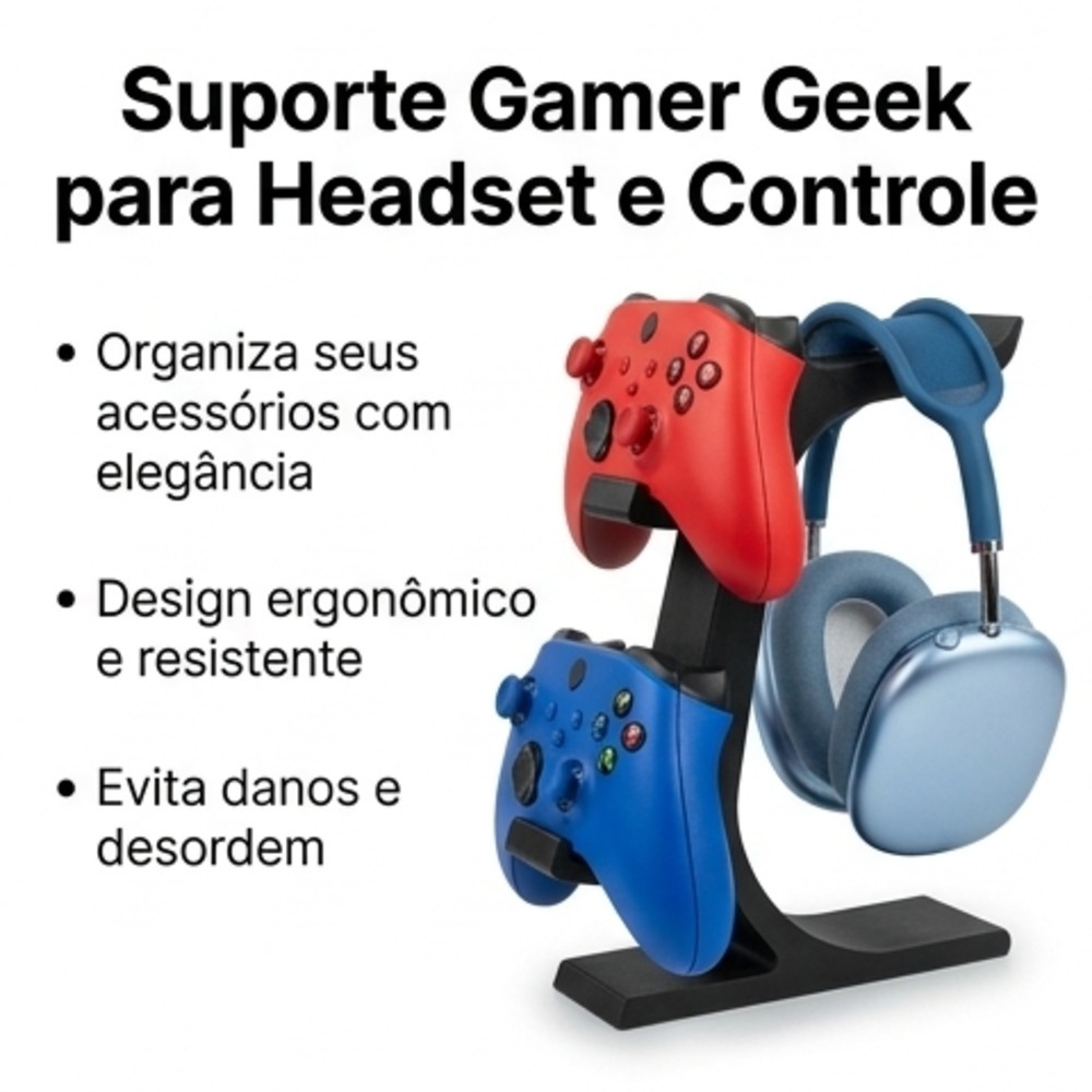 Suporte Gamer Personalizado para Headset e Controle Xbox PS3 PS4 PS5 Mesa Preto