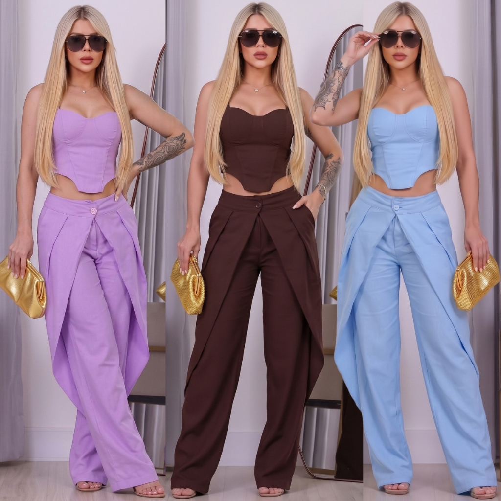 Conjunto Feminino Verão 2 Peças top Cropped com Bojo Lastex nas Costas e Calça Pantalona Efeito Saia para Festas Eventos