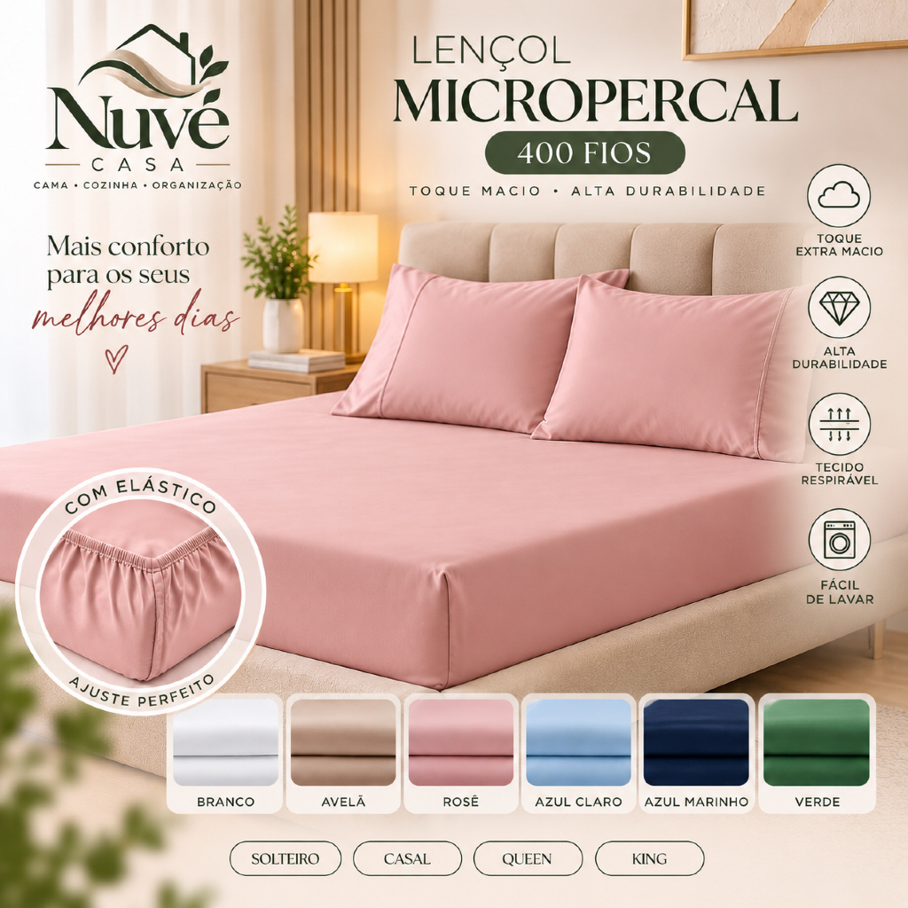 Kit Lençol Micropercal 400 Fios Liso Micropercal Premium - Solteiro Casal Queen e King - 2/ 3 Peças - SemPP1