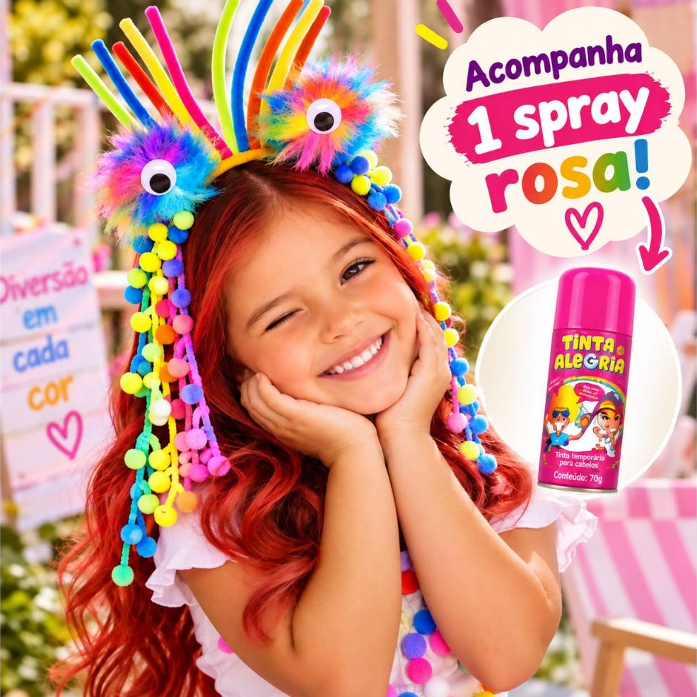 Tiara Divertida Infantil Colorida Com Spray ROSA Cabelo Maluco Dia das Crianças
