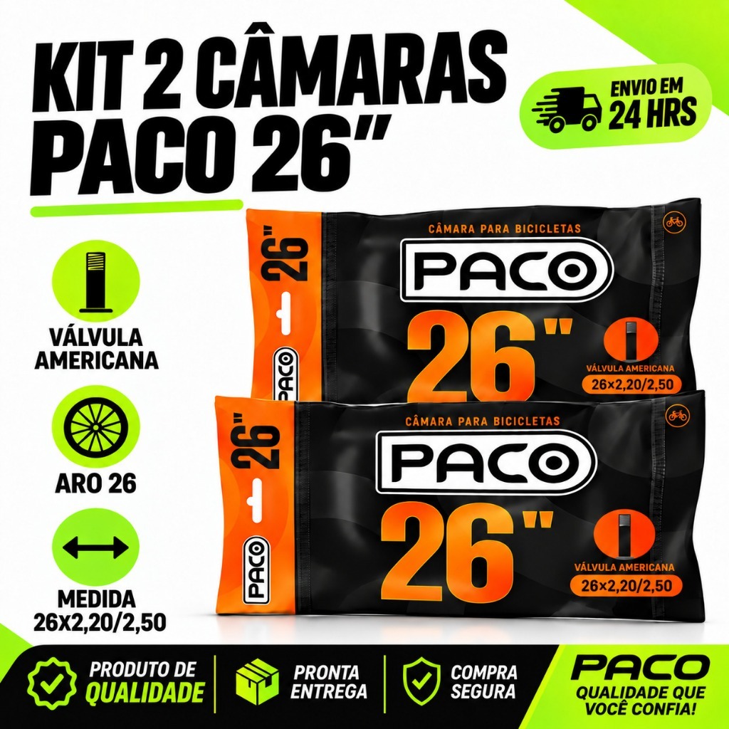 Camara de Ar Paco Aro 26 2.20 a 2.50 Válvula Schrader 35mm Bike PROMOÇÃO