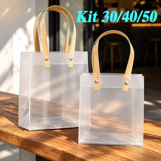 Kit 40/50 Sacolas De Presente Transparente Translúcidas Foscas com Alça de Fibra Natural para Lembrancinhas Lojas Festas