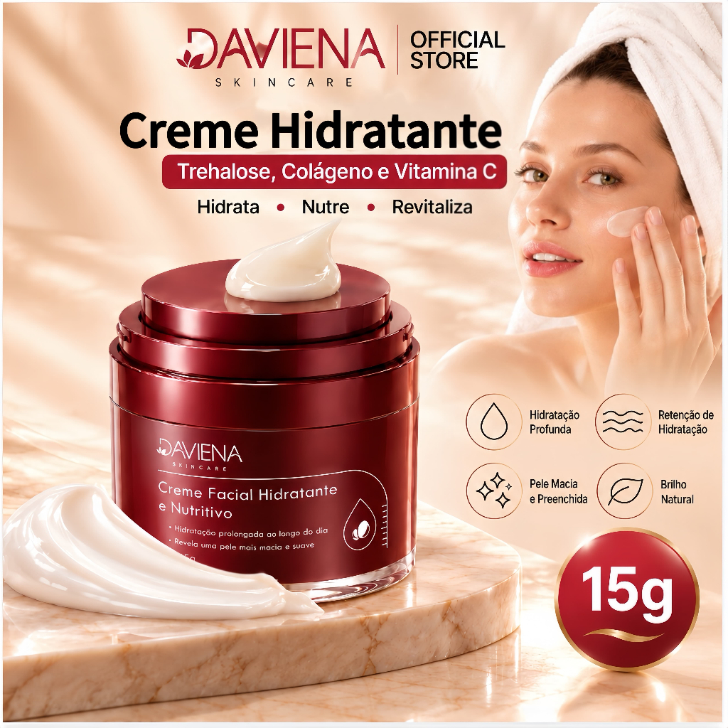 DAVIENA Creme Facial Hidratante Colágeno Hidratação Profunda Pele Macia e Viçosa 15g