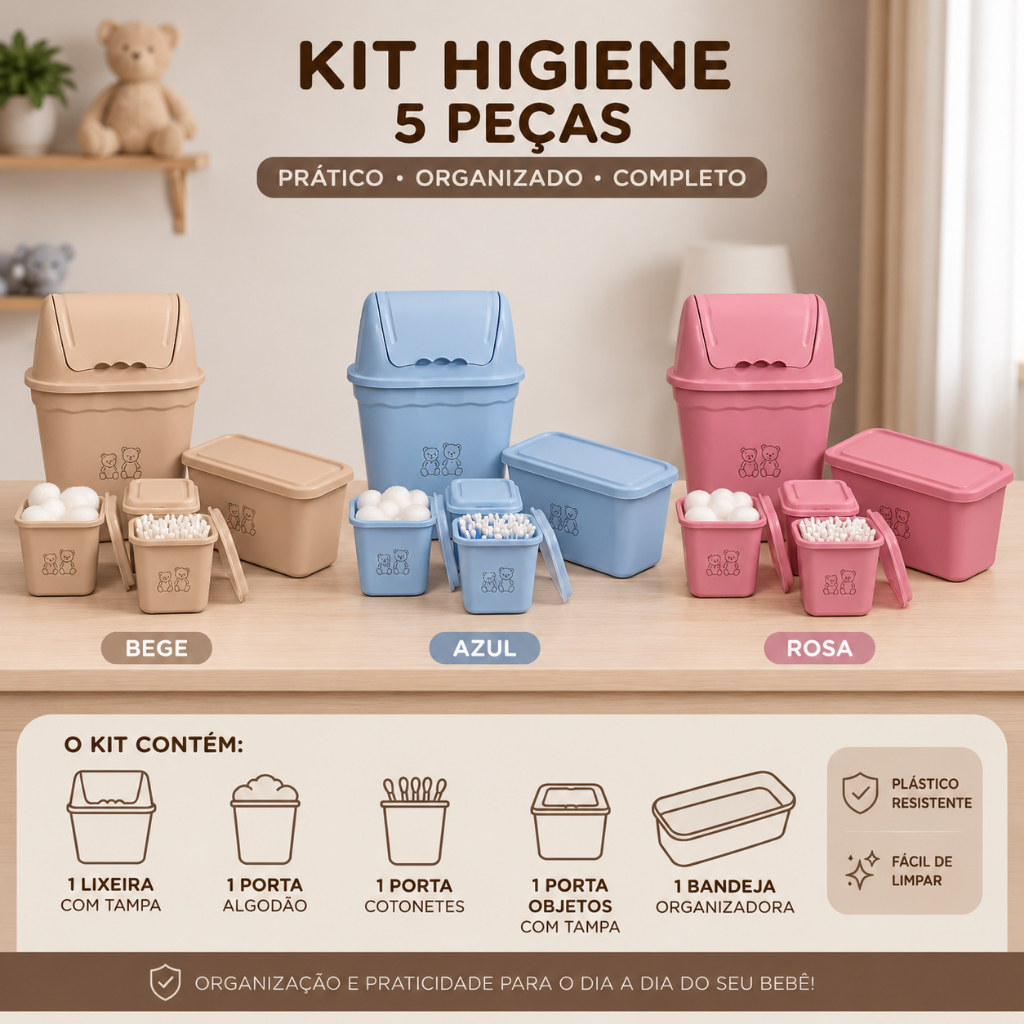 Kit Higiene Bebê 5 Peças com Lixeira, Bandeja, Porta Algodão e Cotonete.