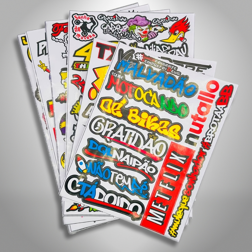 KIT 110 ADESIVOS GRANDES VINIL VARIADOS CARRO  MOTO  CAMINHÃO  BIKE- STICKERS  DIVERSOS 6 CARTELAS