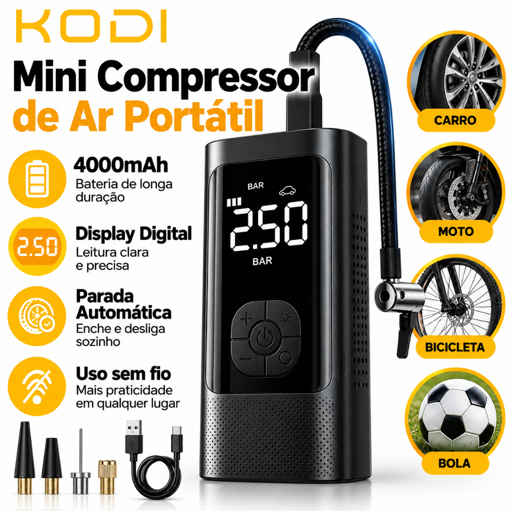 Mini Compressor de Ar Portátil M6 Digital para Pneu de Carro Moto Bicicleta Inflador Elétrico