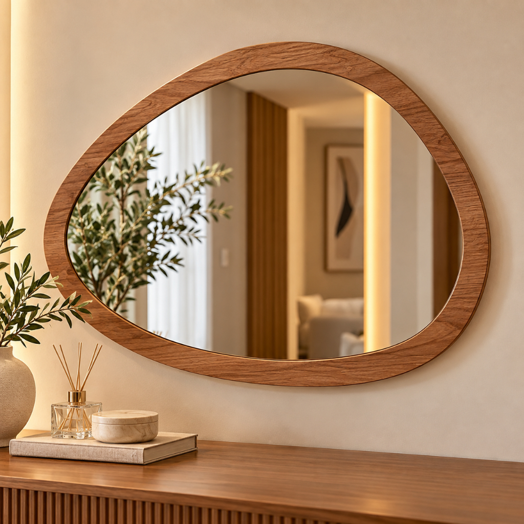 Espelho Orgânico Virgínia 68x82 Borda em Madeira MDF Freijó