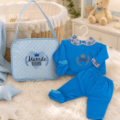 Bolsa Maternidade Bebe Reborn Azul Bordada + Pijama Pagão - Veste de 45 a 50cm!