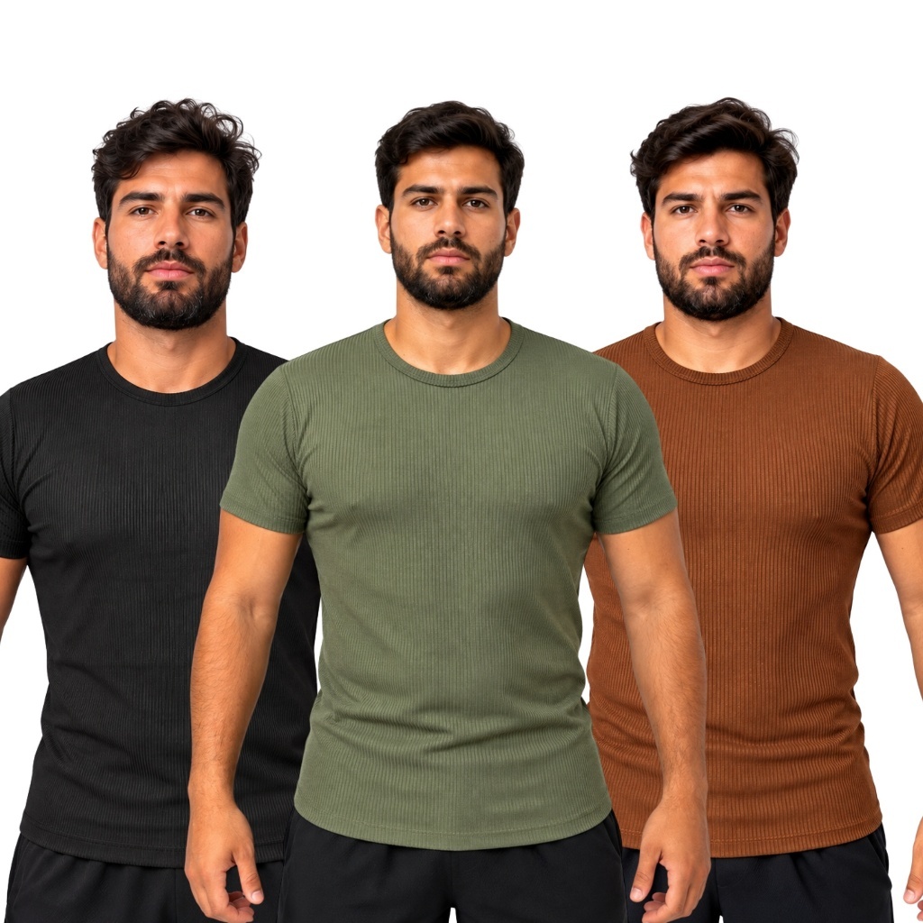 Kit 2 ou 3 Camisetas Masculinas Caneladas Manga Curta Slim Academia Casual Cores Variadas