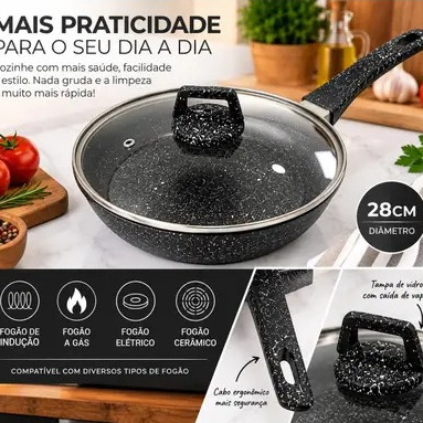 Frigideira Antiaderente Premium 28cm Indução e Gás com Tampa de Vidro Cozinha Sem Grudar