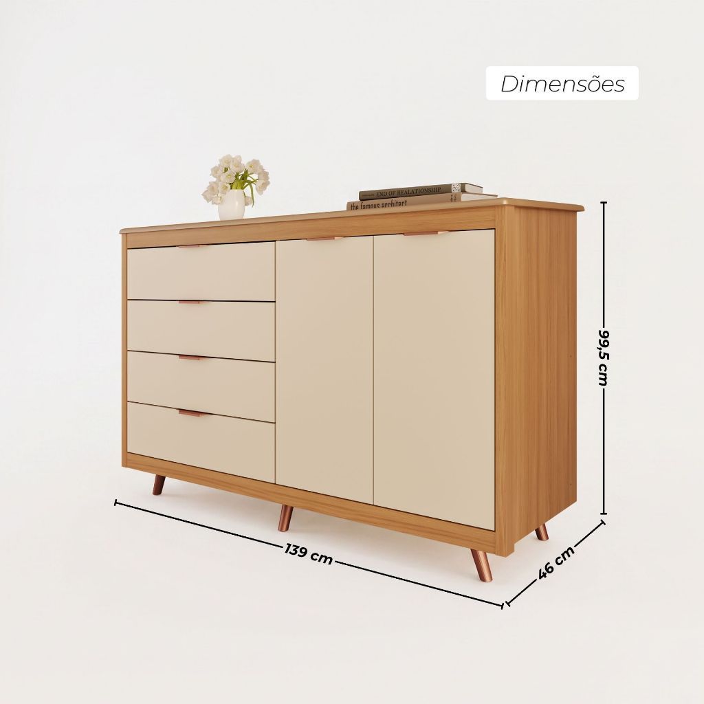 Cômoda Ravenna 100% MDF com 4 Gavetas 2 Portas e Kit de Pés Estilo Retrô · foto 2