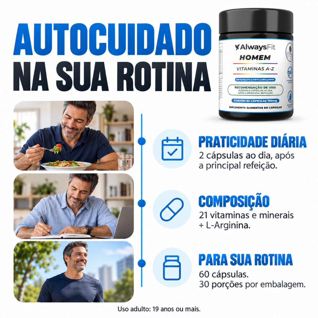 Kit 3x ProVit A-Z Homem AlwaysFit | Multivitamínico com 21 Vitaminas e Minerais + L-Arginina | 60 Cápsulas de 700 mg — imagem 2 de 2