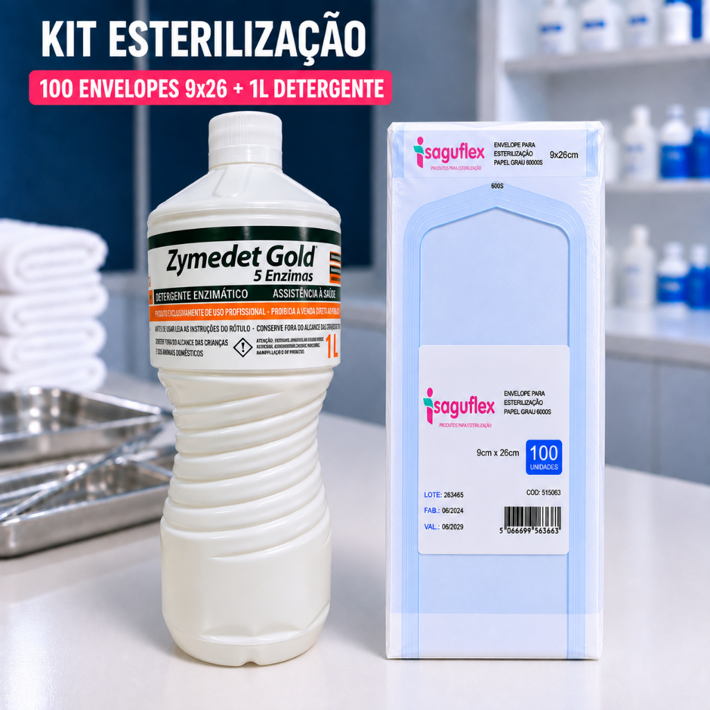 Kit Esterilização para Manicure Autoclave 100 Envelopes 9x26cm + Detergente Enzimático 1L