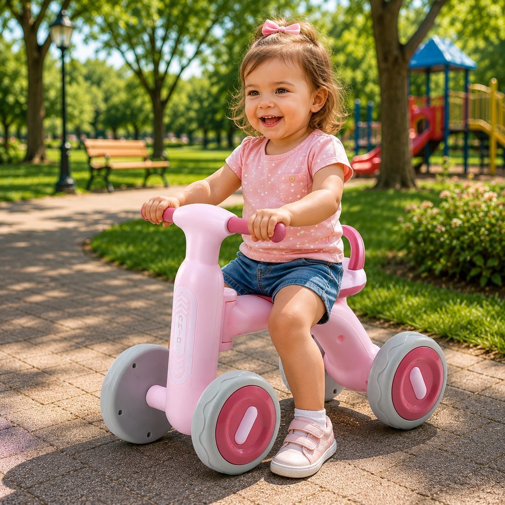 Bicicleta Equilíbrio Infantil Andador de Bebê 4 Rodas Menina Rosa Tchuco Interativo