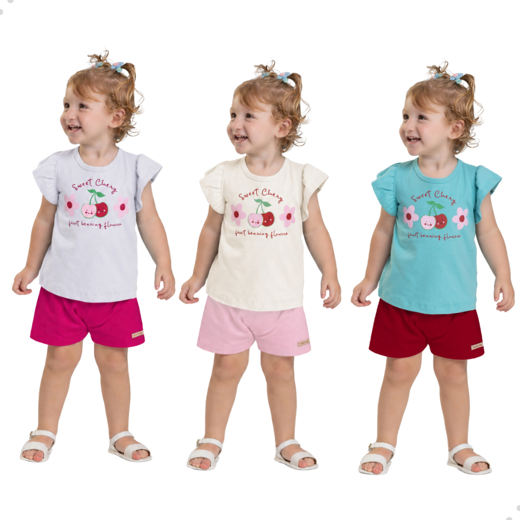 Kit 3 Conjuntos Menina Infantil Short Blusa Manga Babado Passeio Verão Estampado Criança Escola Camiseta