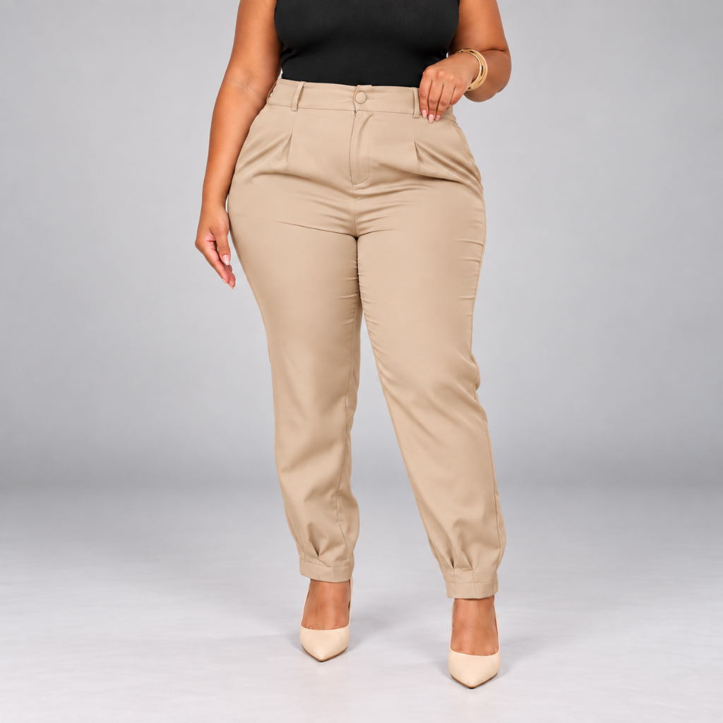 Calça Plus Size Feminina Elegante Alfaiataria Social Executiva Cintura Alta Pence Plissado