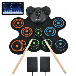 VEDO Bateria Eletrônica Infantil 10 Pads com Saída para Fone de Ouvido, Alto-Falantes Duplos, Pedais e Baquetas Inclusos