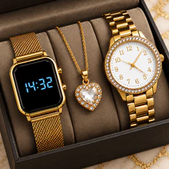 Kit Relógio Feminino Dourado 3 em 1 LED Digital + Colar Coração Luxo Presente