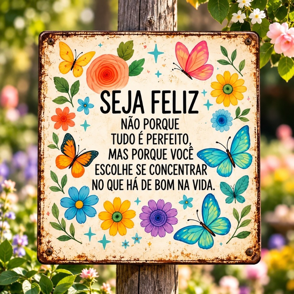 Quadro Placa Decorativa Seja Feliz Felicidade Gratidão Cores Natureza Flores Positividade Fé Jardim Sala Quarto