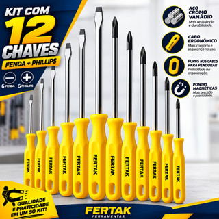 Jogo Conjunto Com 12 Chave de Fenda Phillips Kit Imantada Profissional Fertak Envio Imediato