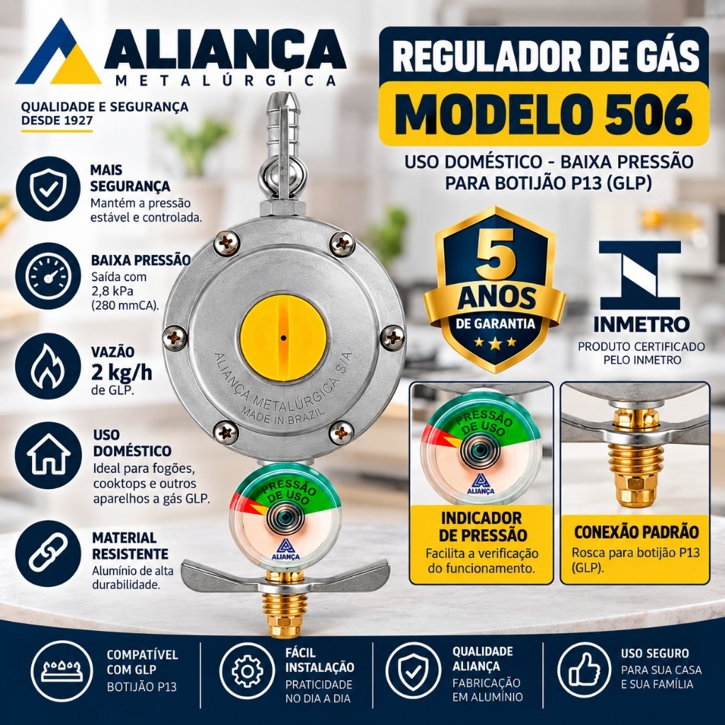 REGULADOR DE GÁS ALIANÇA BLISTER 506/01 COM MANÔMETRO 2KG/H VAZÃO BOTIJÃO 13kg