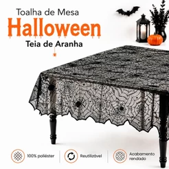 Toalha De Mesa Halloween Poliéster Teia De Aranha 137x183Cm Temática Reutilizável Silver Festas