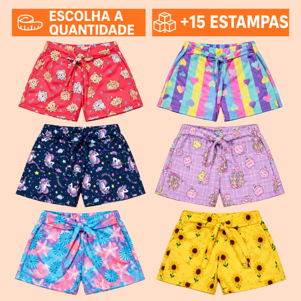 Kit Shorts Infantil Menina Bermuda verão infantil dia estampas coloridas Crepe Conjunto Sortida
