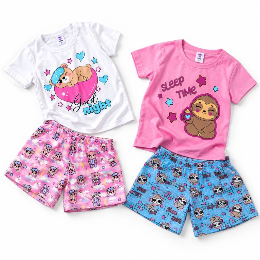 Kit 2 Conjuntos de Pijama Infantil Menina Curto Verão Calor Estampas Sortidas 1 ao 14 Anos