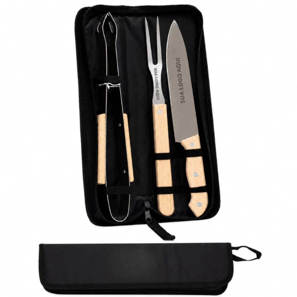 Kit Churrasco Personalizado 3 Peças Faca Garfo Pegador Estojo em Inox em Madeira — imagem 1