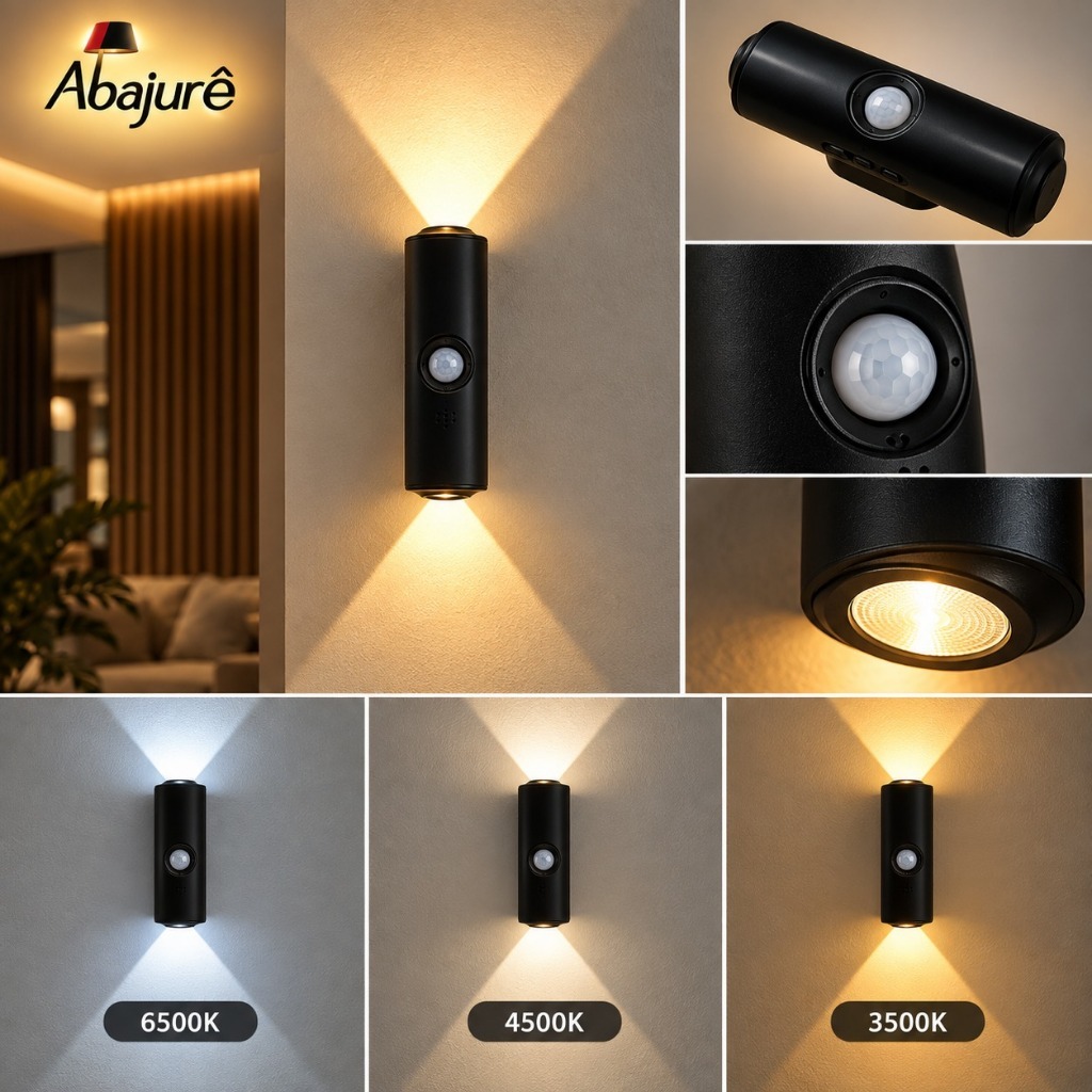 Arandela Com Sensor Recarregável USB Luz Noturno LED Lâmpada De Parede 2 Fachos Interno Preto Branco