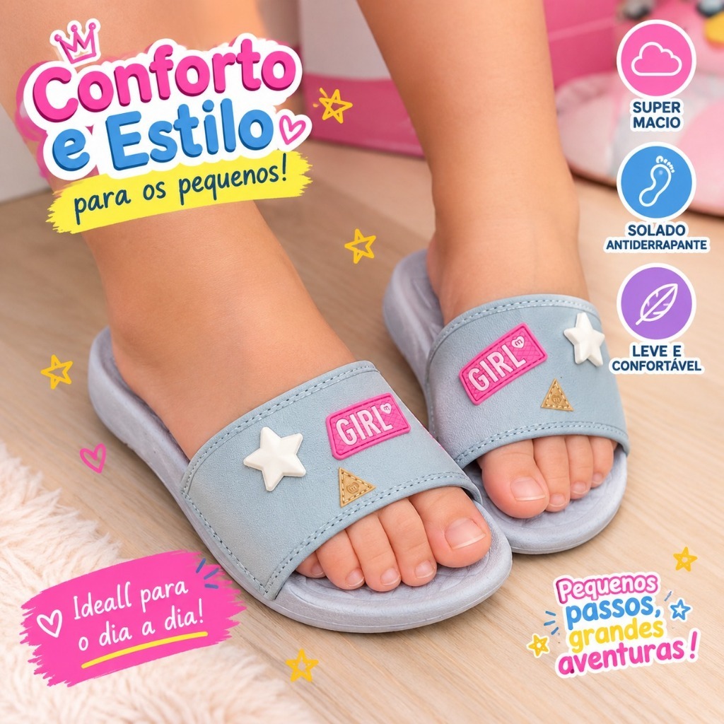 Chinelo Infantil  Menina  Molekinha slide ultra conforto Leve  Confortável  Macio  Casual  Dia a Dia