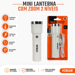 Mini Lanterna LED 1W Foxlux USB Recarregável Função Alerta