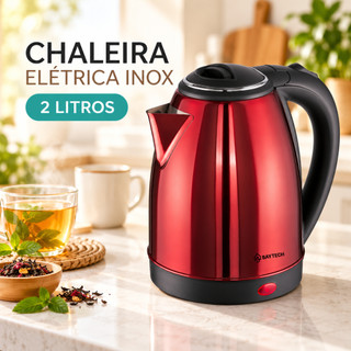 Chaleira Elétrica 2L Inox Vermelha 220V/127V Jarra para Café e Chá Aquecimento Rápido