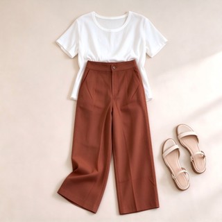 Calça Feminina Perna Larga Alta Cintura Tecido Linho Marrante Calça Pantacourt Casual Para Dia a Dia, Trabalho e Passeio