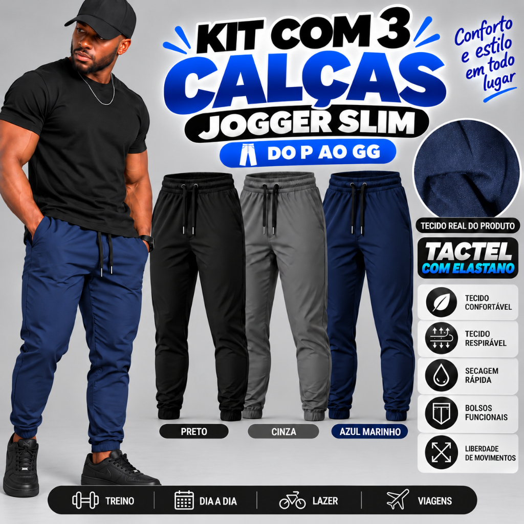 Kit 3 Calças Jogger Masculina Tactel com Elastano Slim Dry Fit Bolso Punho Cordão Academia Treino Fitness Esportiva Leve
