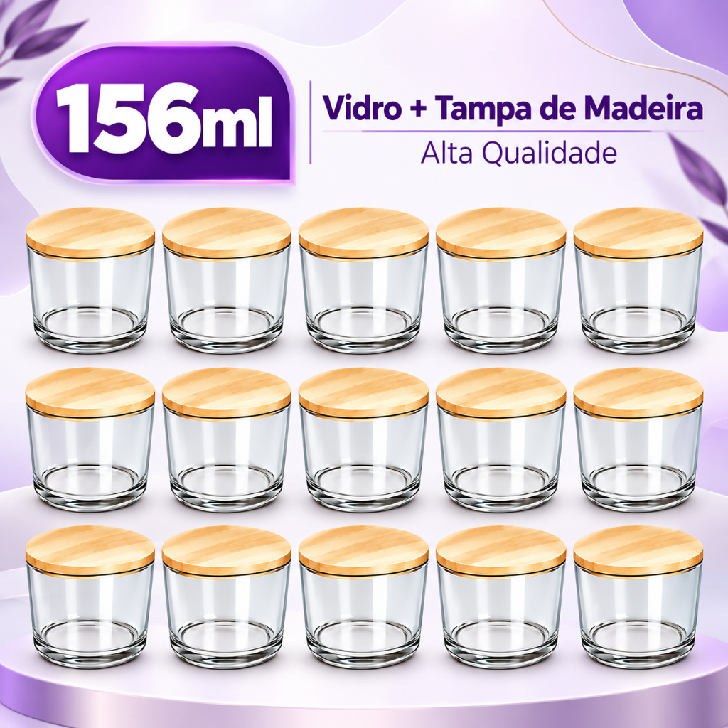 Kit Potes de Vidros 150ml para Vela Artesanal Tampa Madeira Nadir Figueiredo Lembrancinha