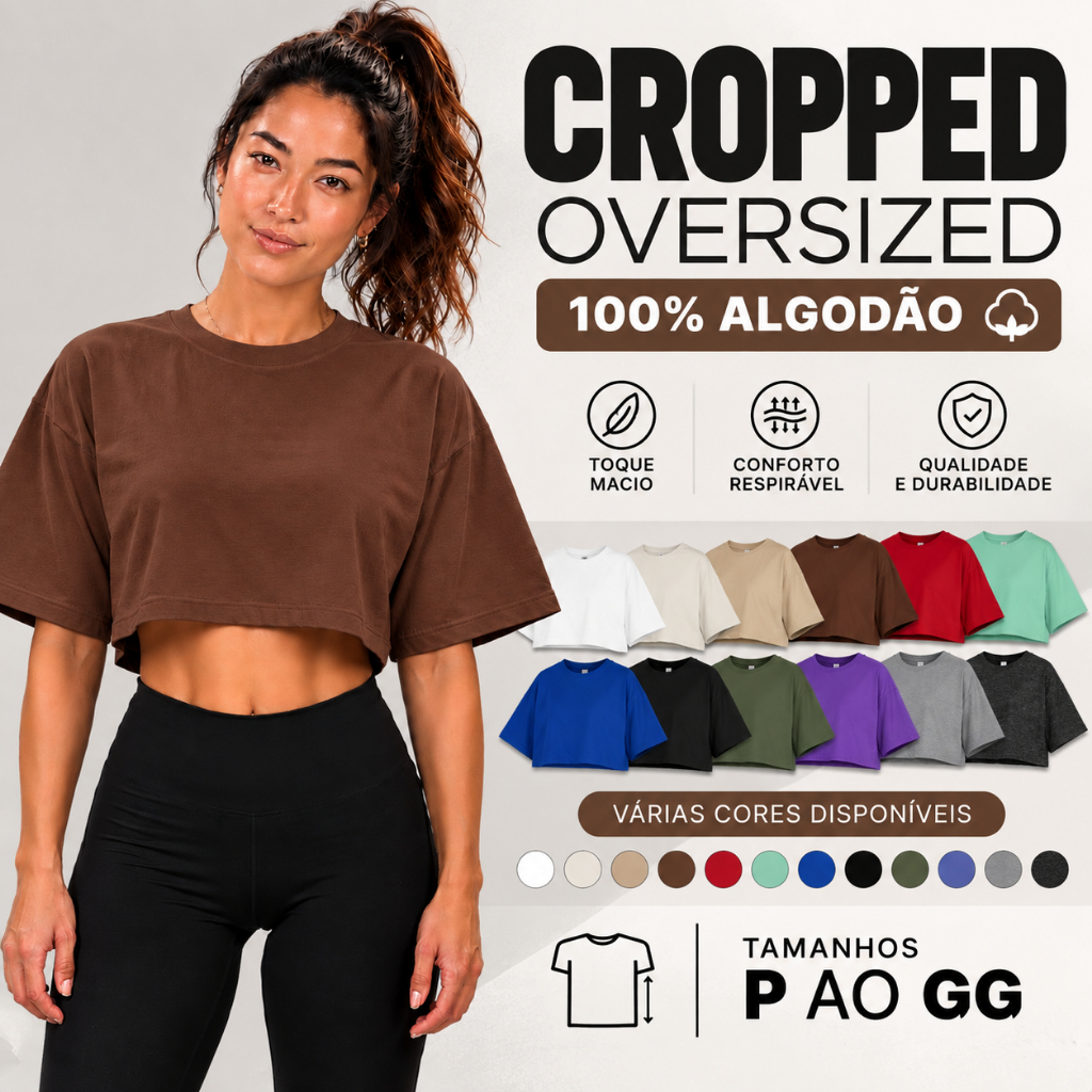 Cropped T-shirt Feminino Gola Alta 3cm Oversized Estiloso 100% Algodão Premium