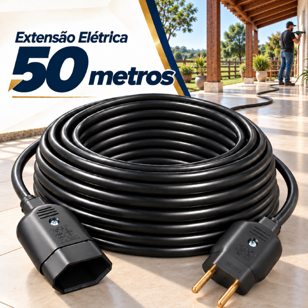 Extensão Elétrica 50m Cabo Pp 2x1mm Reforçada 10a Bivolt Fio Resistente E Flexível Uso Profissional