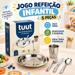 Jogo Refeição Infantil em Aço Inox 5 peças Prato Copo Talheres Tuut