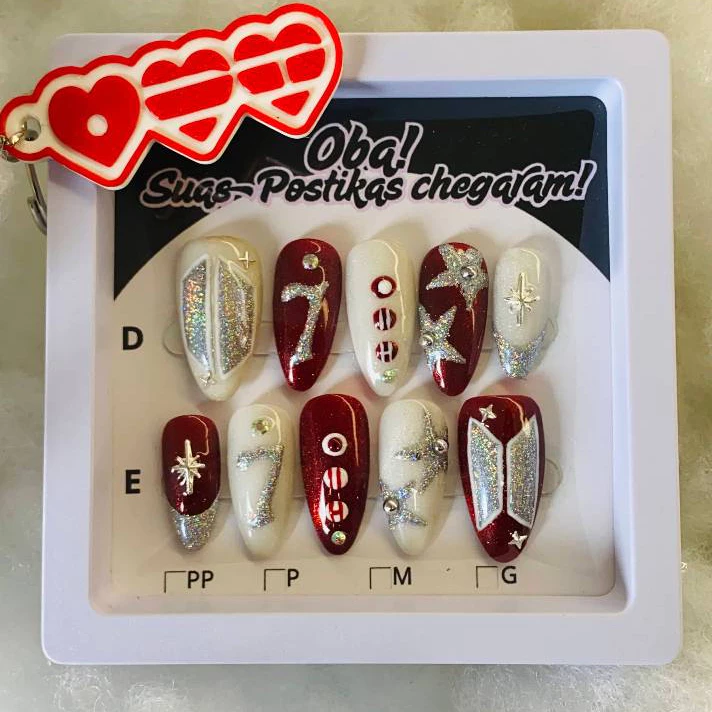 Unhas Postiças Decoradas Realistas BTS Kpop / Press On Nails 100% Artesanal - Set BTS Arirang Vermelho