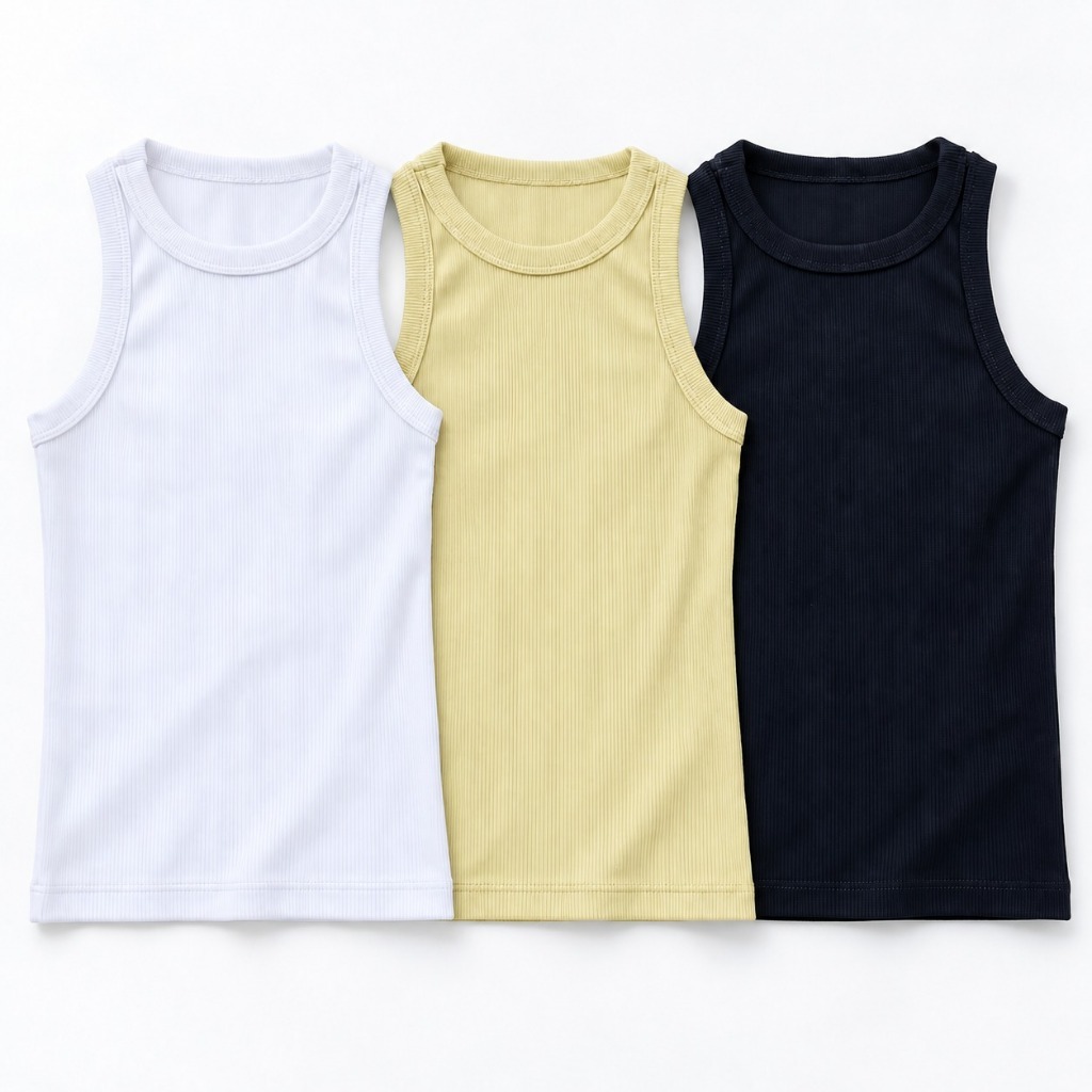Kit 3 Regatas Caneladas Femininas Algodão com Elastano Básica Gola Redonda Sokitt