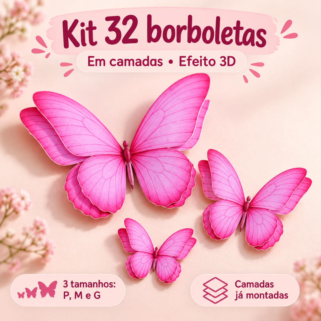 Kit 32 borboletas em 3D (P-M-G) - Chá de Bebê Menina - Decoração Jardim Encantado