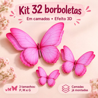 Kit 32 borboletas em 3D (P-M-G) - Chá de Bebê Menina - Decoração Jardim Encantado