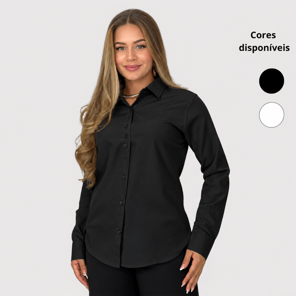 Camisa Social Feminina Preta Manga Longa Elegante Lisa Casual Trabalho Premium Elastano Passa Facil