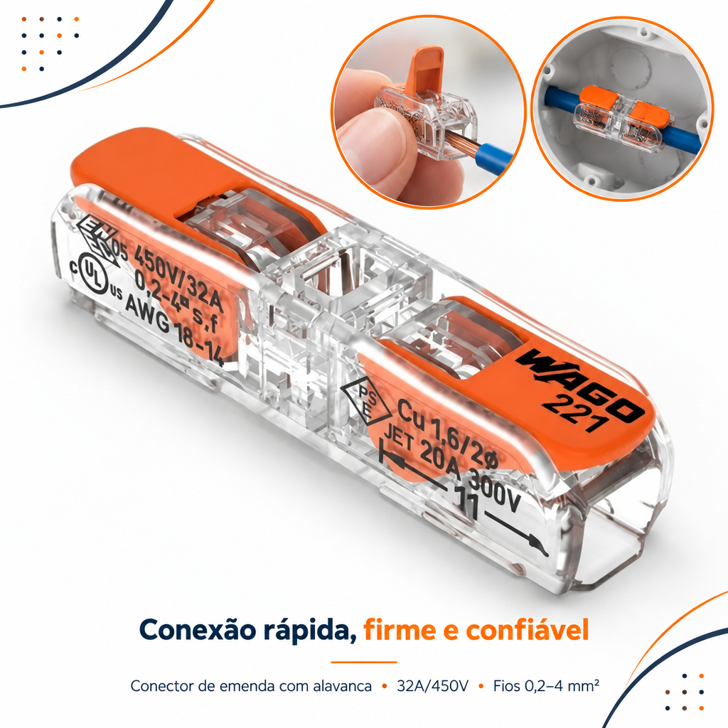 CONECTOR EMENDA PARA FIOS WAGO PARA CHUVEIRO 221-2411 LINE